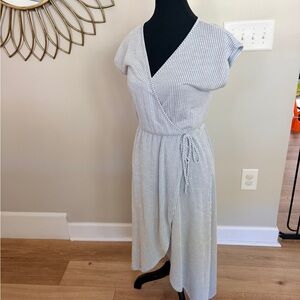 Caution to the wind Striped Wrap-Front Midi Dress in Light Gray size small